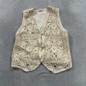 Sostanza Button Vest Top Women M Cream Boho Coquette Vtg Beach Crochet Linen